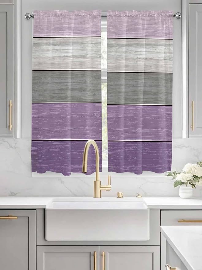 Country Wood Board Gray Purple Window Valance Curtains, Farmhouse Gradient