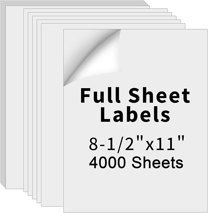 8.5" x 11" Full Sheet Label Sticker Paper for Laser & Inkjet Printers,Self Adhesive Full Page Shipping Labels,Printable White Matte Mailing Label Stickers(4000 Sheets,4000 Labels)