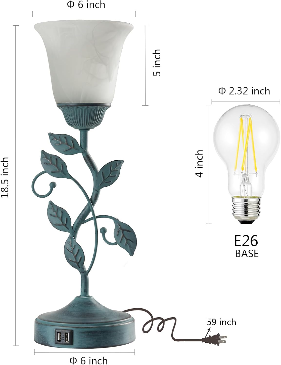 Vintage Touch Table Lamp for Living Room with 2 USB C+A Ports
