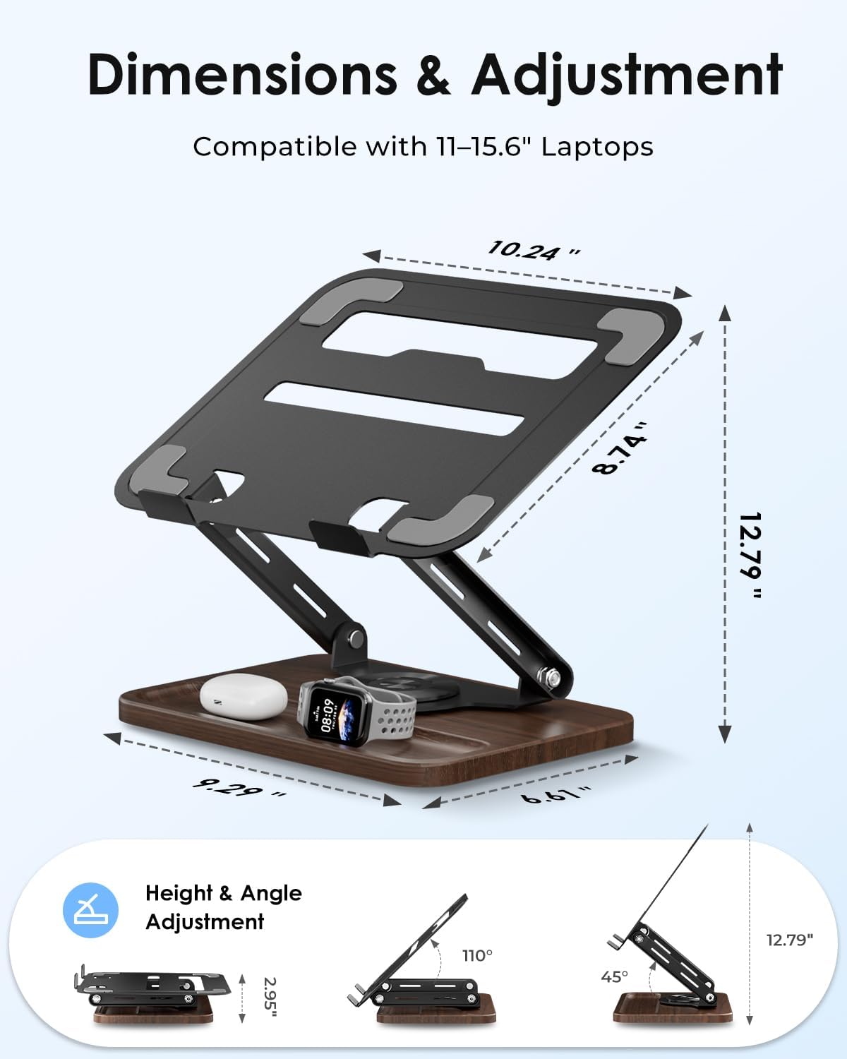 Viozon Laptop Stand for Desk, Adjustable Laptop Desk Stand with Wood Base Storage, 360° Rotating Swivel Computer Stand for Laptop, Ventilated Cooling Desktop Holder Fits up to 15.6" Notebooks/Laptops