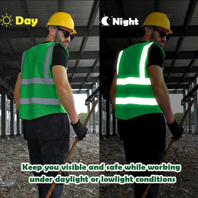 BeautyWill Mesh Safety Vest Custom Logo Class2 High Visibility Reflective Vest with 5 Pockets Construction Security Work Vest ANSI/ISEA Standards（Green，3XL ）