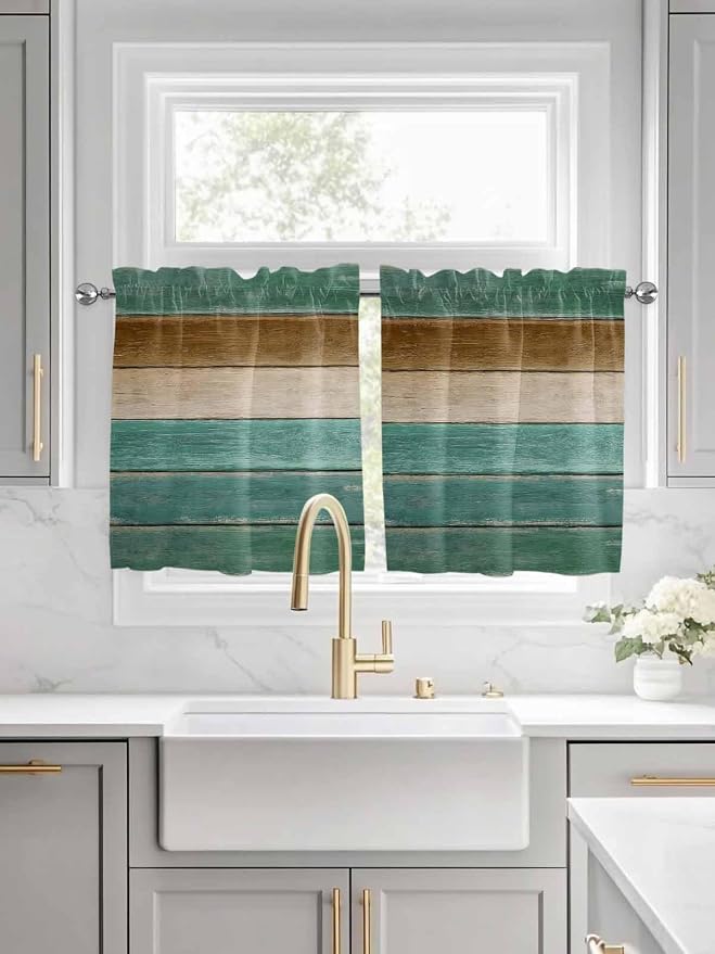 Vintage Plank Turquoise Brown Window Valance Curtains, Farmhouse Wood Grain