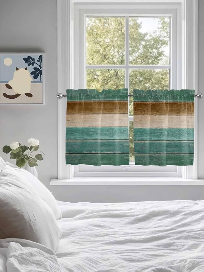Vintage Plank Turquoise Brown Window Valance Curtains, Farmhouse Wood Grain