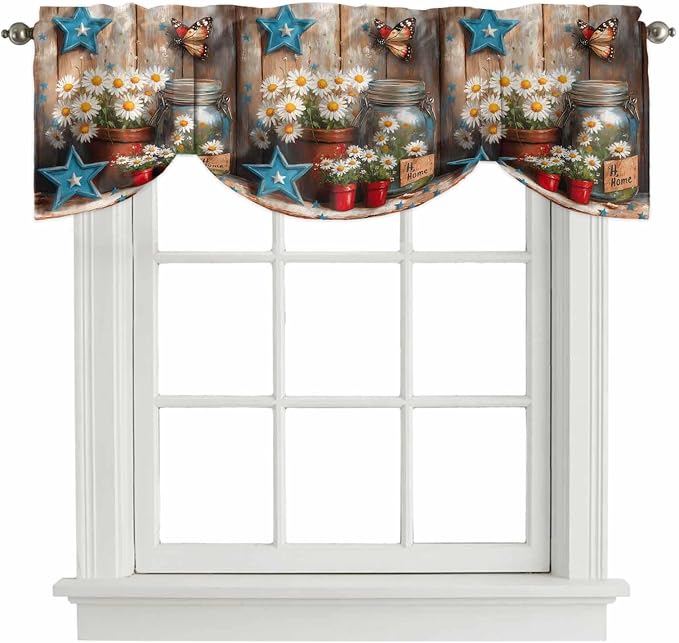 Country Flower Tie Up Valance for Window, Western Texas Star Butterfly Barn