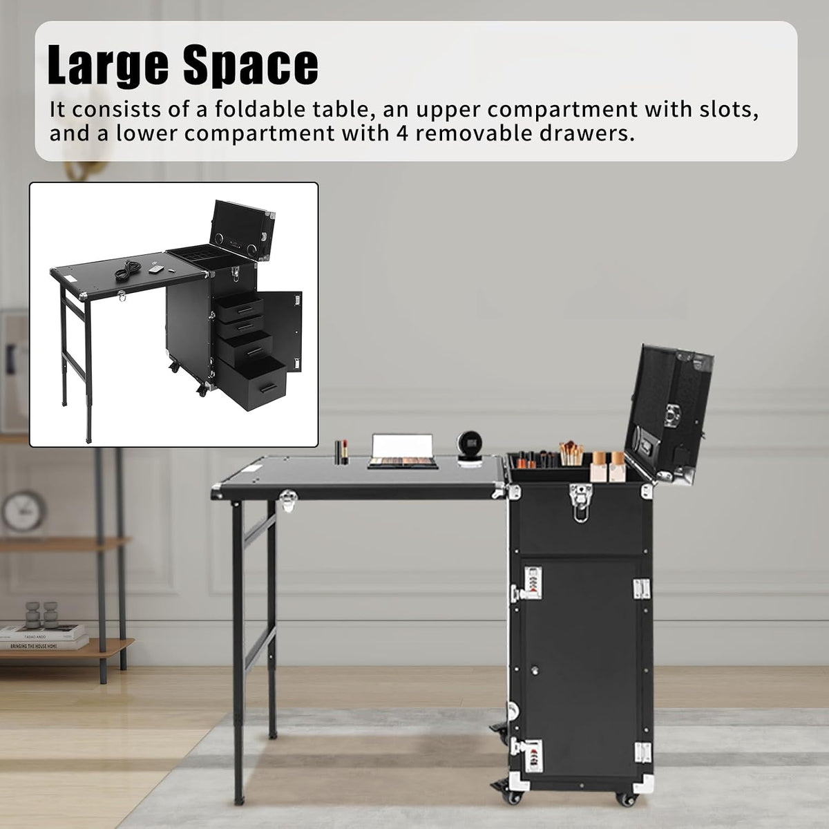 Nail Desk Mobile Station Rolling Makeup Train Case, Foldable Nail Table Manicure Table With Speaker Portable Nails Table Travel Cosmetic Trolley Storage Organizer