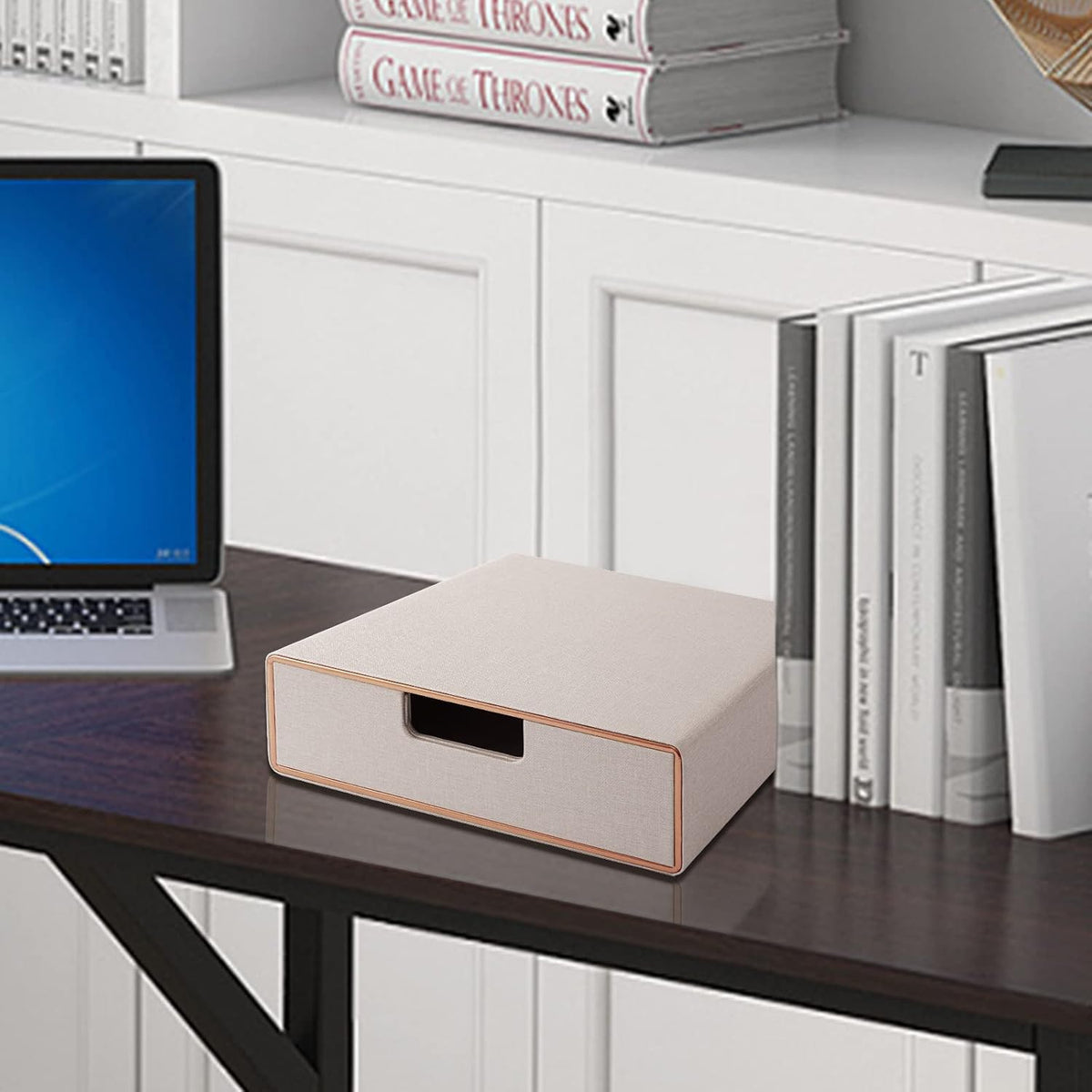 Stackable Drawer Organizer PU Leather Classic Handmade,Organize Home Office Desk Accessories and Sort Letter-Size Paper/a4 Document,Desk Caddy with Drawers Storage Box,13.1x10x3.7inches,Beige
