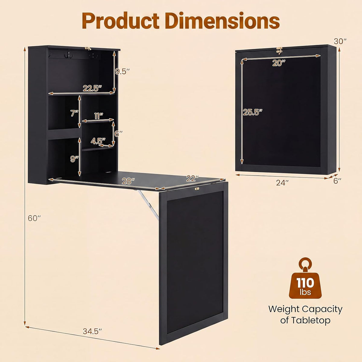 Tangkula Foldable Wall-Mounted Desk, Floating Desk with Chalkboard, Storage Shelves & Hooks, Space-Saving Murphy Table for Home Office, Bedroom, Dorm Room, Small Spaces