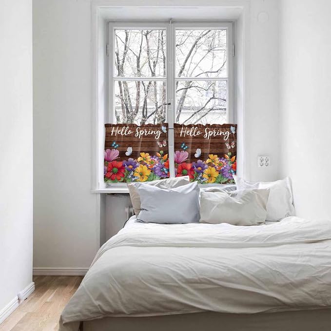 Spring Flowers Half Window Curtain 36 Inches Long, Watercolor Farmhouse