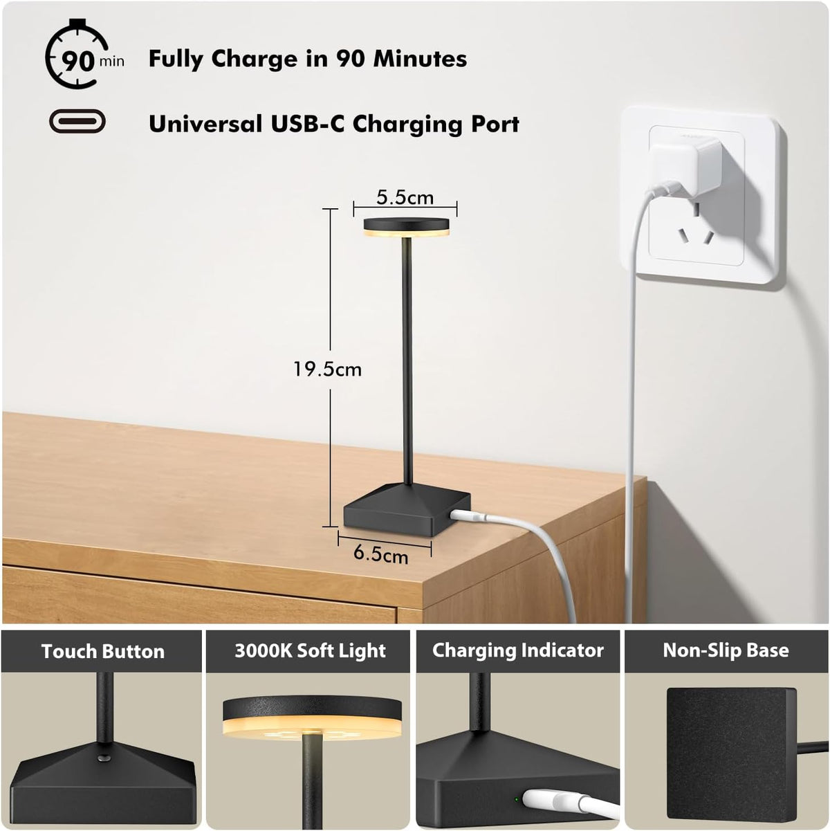 3 Pack Small Black Rechargeable Cordless Table Lamps Dimmable