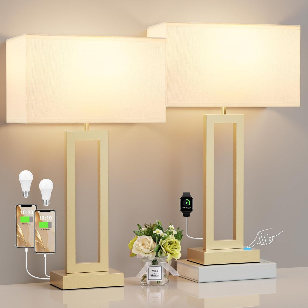 26" Tall Touch Lamps for Nightstand with USB C+A, 3 Way Dimmable Gold Lamp