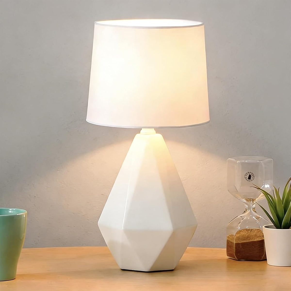 SOTTAE 15" Modern Small Ceramic Table Lamp, White Irregular Geometric Bedside Table lamp for Bedroom,Nightstand Lamps with White Fabric Shade, Small Lamp for Kitchen Living Room