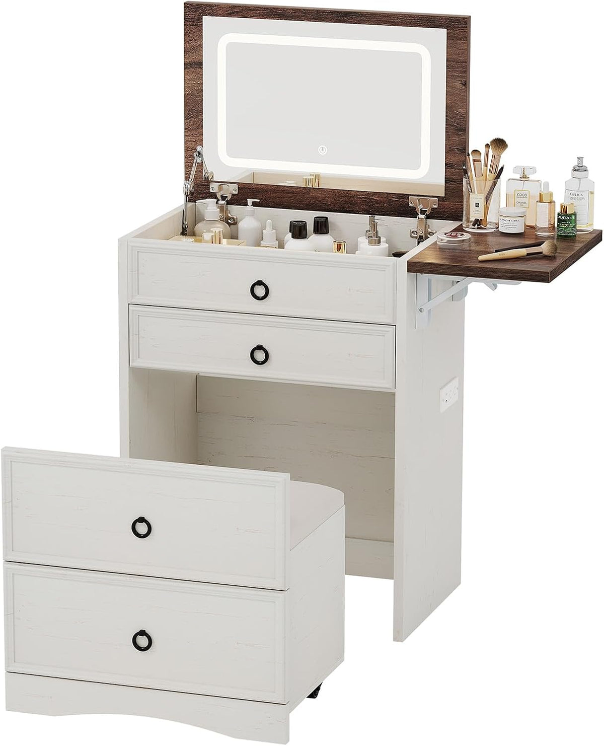 LUXOAK 3 in 1 Compact Makeup Vanity Desk with Hidden Chair & Mirror, White