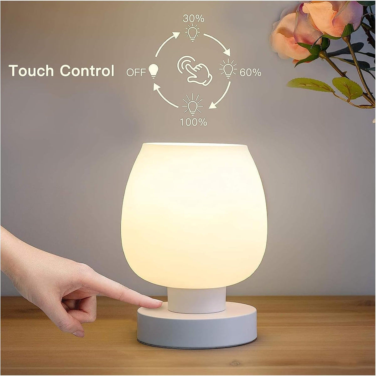 ONEWISH Lamp Set of 3 - Touch Bedside Table Lamps Set of 2 and 1 Floor Lamp, Modern Lamps for Bedroom Living Room Nightstand, White Opal Glass Lamp Shade, LED Bulbs Included Simple Design