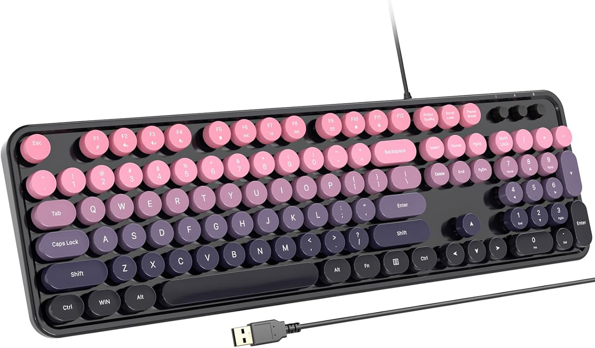 Wired Retro Keyboard, 104 Keys Full-Sized Typewriter Keyboards, Office Keyboard with Number Pad, Foldable Stands for Windows, PC, Laptop, Desktop (Plum Pink Gradient)