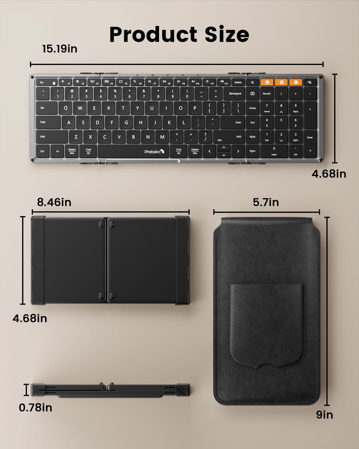 ProtoArc XK01 Plus Backlit Foldable Keyboard, 105-Key Full-Size, Gray