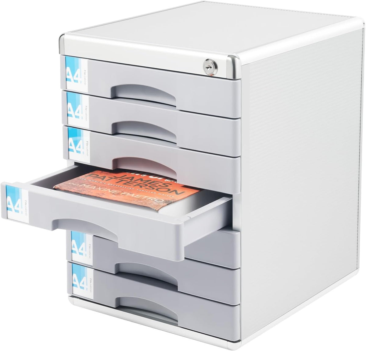 Desk Organizer with 7 Drawers, Metal Desktop Storage Cabinet File Holder with Locks and Keys, Filing Case Literature Organizer for Office Home, L11.8*D14*H16in, Silver & Grey
