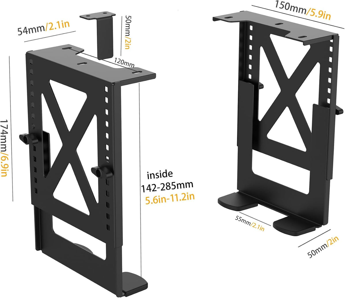 Under Desk PC Mount, Adjustable 5.6-11.2in, 33lb Steel, Ventilated