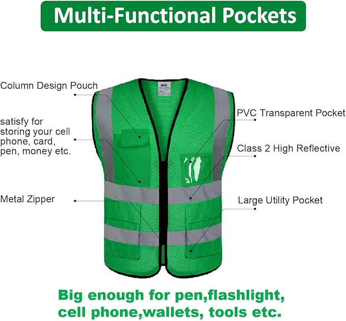 BeautyWill Mesh Safety Vest Custom Logo Class2 High Visibility Reflective Vest with 5 Pockets Construction Security Work Vest ANSI/ISEA Standards（Green，3XL ）