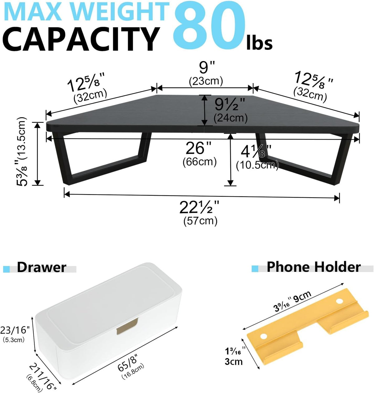 TEAMIX Corner Monitor Stand with Drawer and Phone Holder, 26x12.6x5.3in