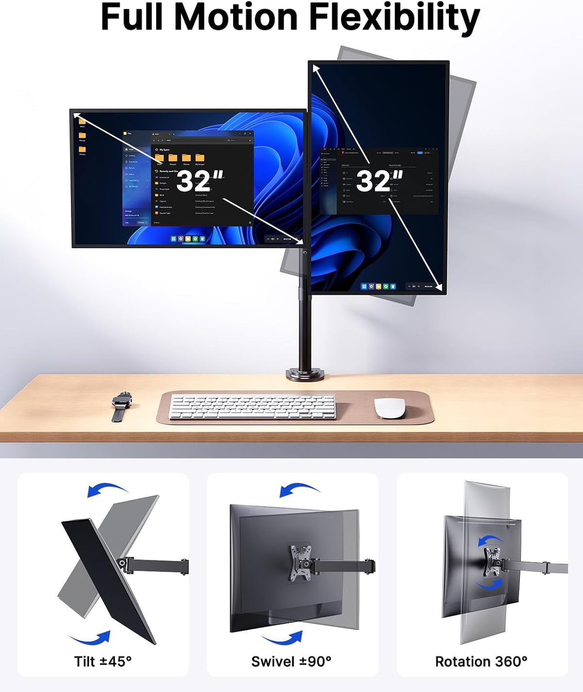 HUANUO Dual Monitor Stand for 13-32 Inch Screens, Tall Pole Desk Mount,Larger Base, Ideal for Sit-Stand Workstations, 22 lbs per Arm, VESA 75x75/100x100mm, Tilt Swivel Rotation, Cable Management