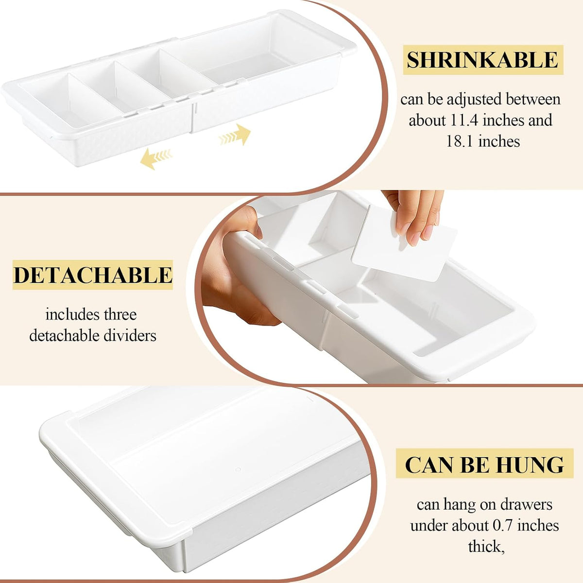 Expandable Deep Drawer Organizer Bins for Desk, White, 3 Pcs