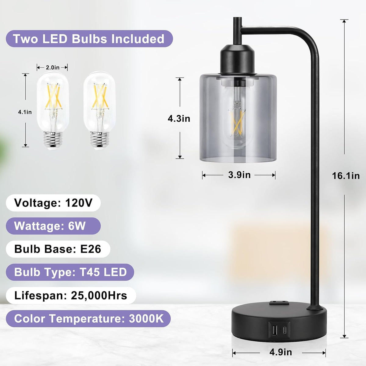 Innqoo Industrial Touch Bedroom Lamps for Bedrooms Set of 2-3-Way Dimmable Table Lamps with USB C+A Ports and Outlet, Bedside Lamps with Gray Glass Shade for Living Room, Desk Lamps for Home Office