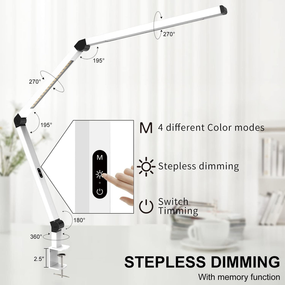 Micomlan LED Desk Lamp with Clamp, Dual Light Table Lamp with Adjustable Swing Arm, Eye-Care 4 CCT Modes & 5 Brightness Levels Clip-on Architect Modern Desk Light for Home Office Crafting Sewing