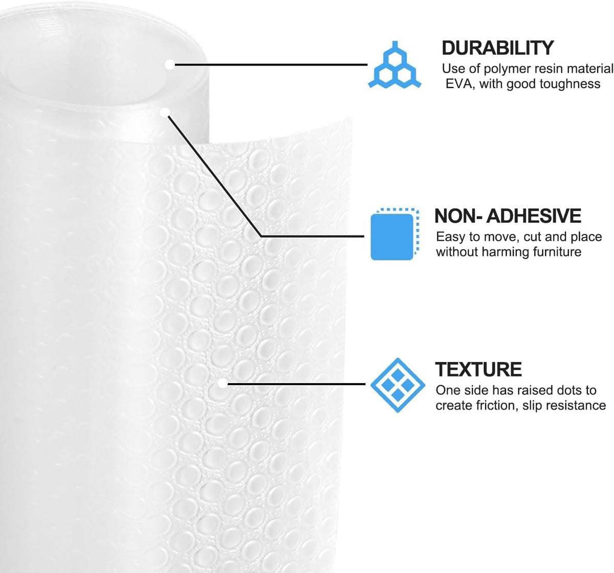 Bloss Shelf Liner, 24x196.9 inch Shelf Liners for Kitchen Cabinets Non-Adhesive, EVA Drawer Liner, Cabinet Liner for Bathroom, Kitchen, Desks, Refrigerator, Shelves-Clear