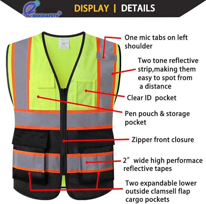 Reflective Mesh Safety Vest for Men Women with 5 Pockets and Zipper Front High Visibility Mesh Vest Hi Vis Construction Work Vest,Meets ANSI/ISEA Standards(EK175-Yellowblack-L)
