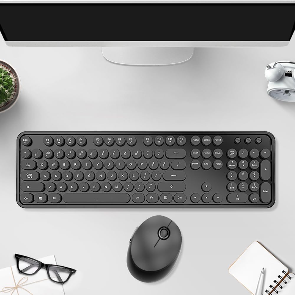 Wireless Keyboard and Mouse Combo, Retro Style Keyboard with Round Keycaps, 2.4GHz Dropout-Free Connection Mouse with 3 Adjustable DPI for Windows Notebook PC (Black)