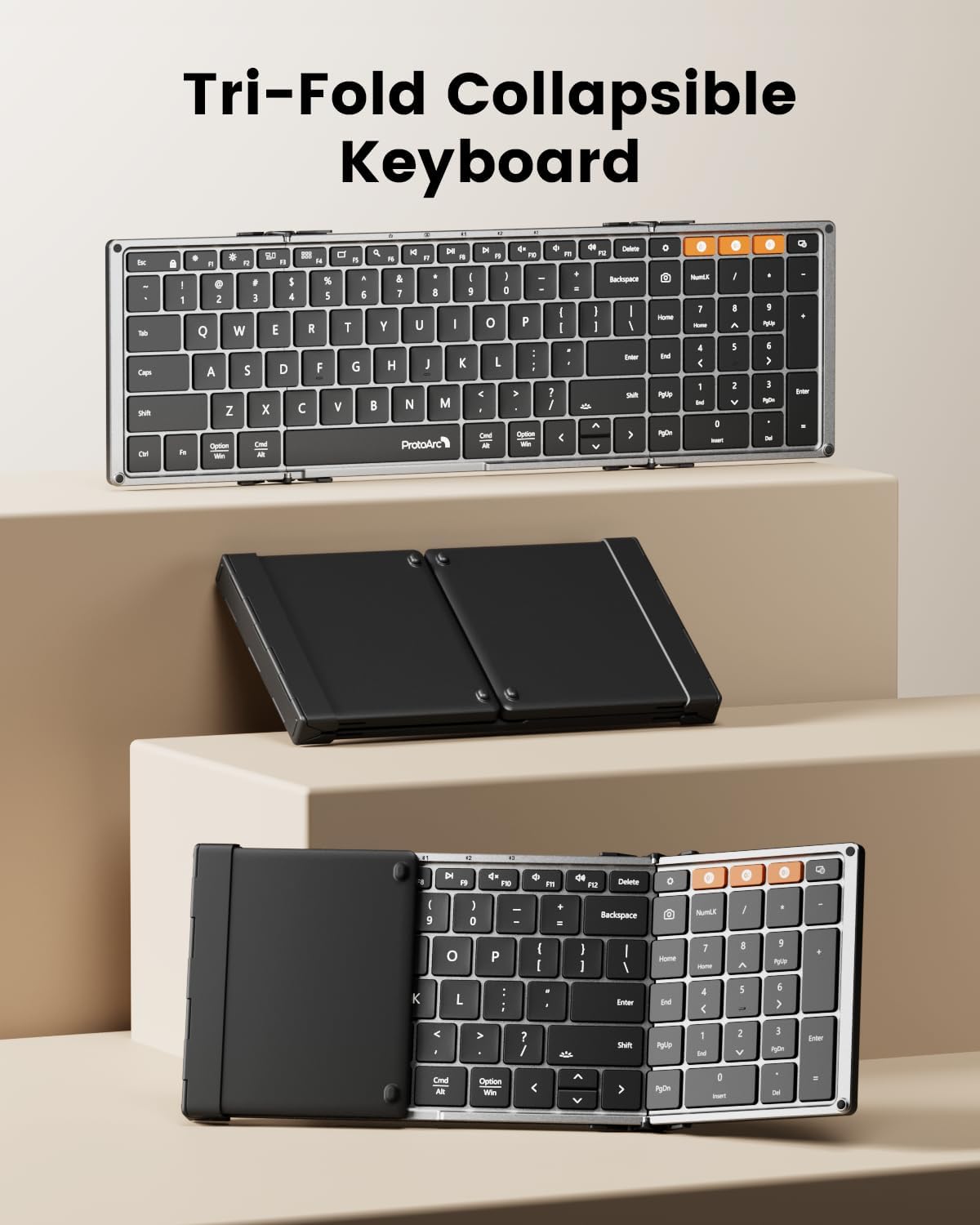 ProtoArc XK01 Plus Backlit Foldable Keyboard, 105-Key Full-Size, Gray