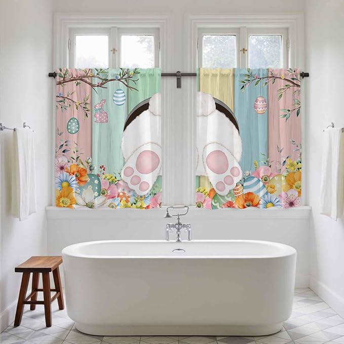 Easter Kitchen Tier Curtains 45 Inch Long 2 Panel Set, Rod Pocket Short Window