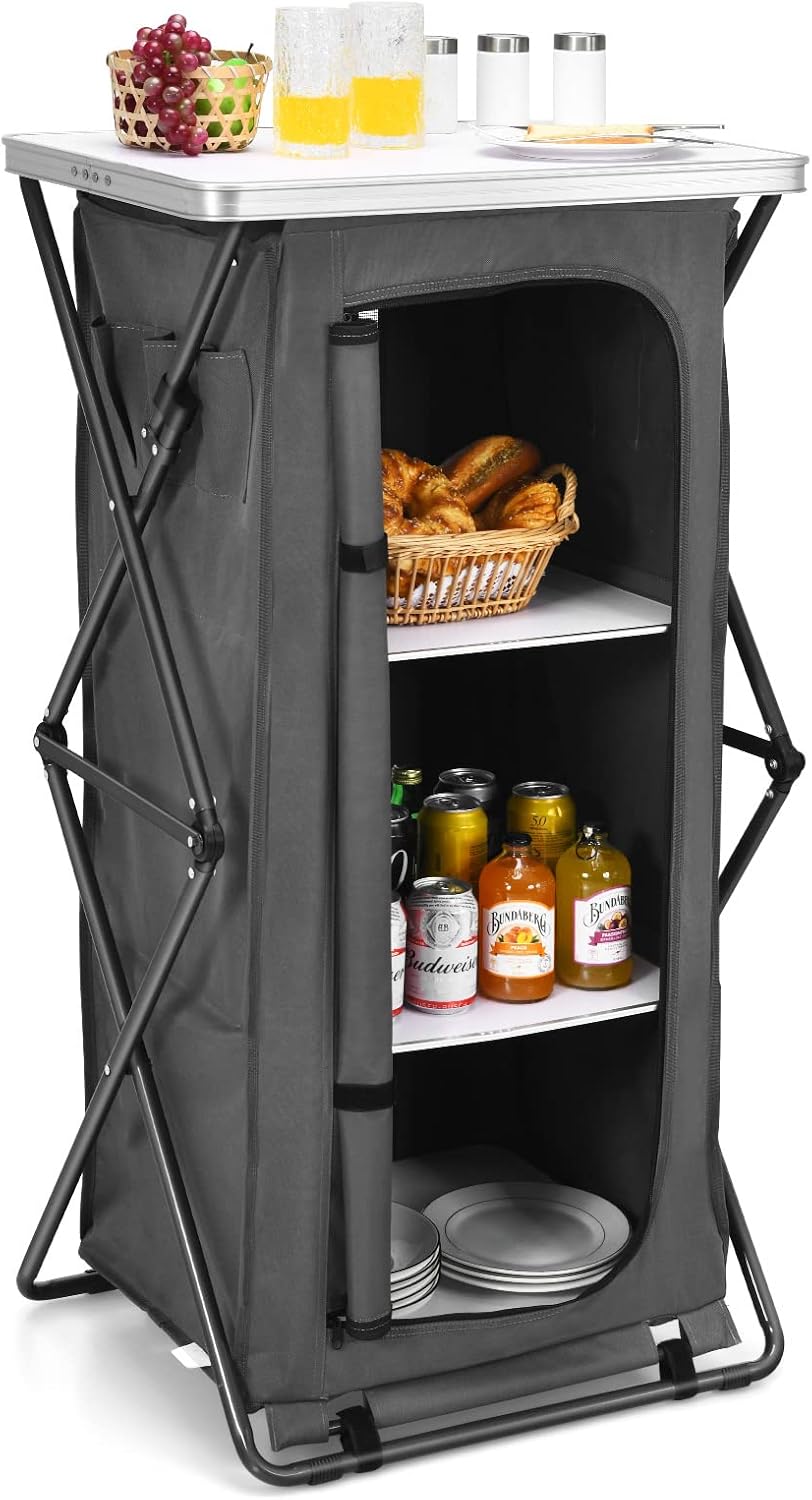 GIANTEX Folding Camping Storage Cabinet with 3 Shelves and Carry Bag, Portable Outdoor Organizer Kitchen Table, Quick Set-up for BBQ, Picnic, Backyard, Compact Pop-Up Cupboard, 47''H