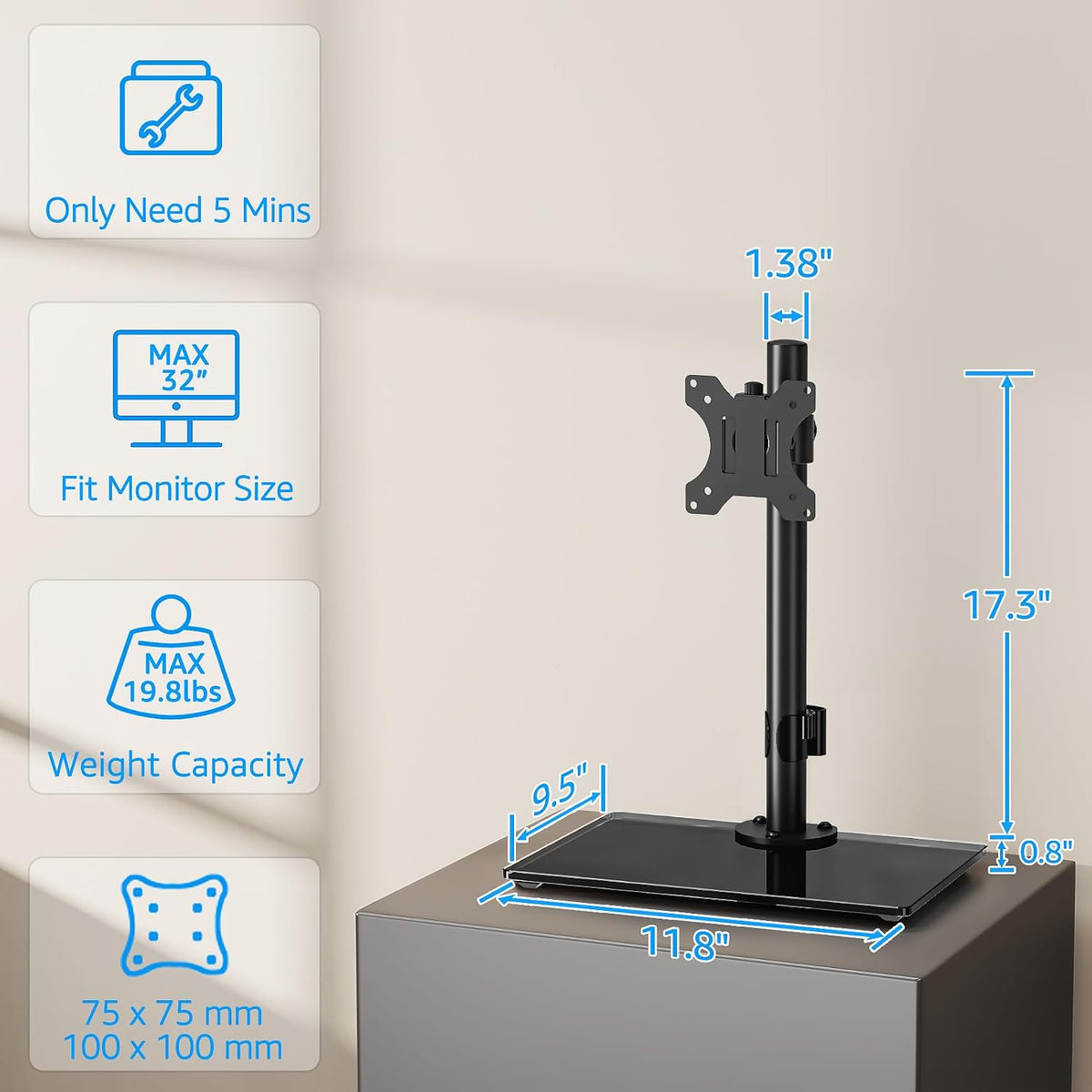 MOUNTUP Monitor Stand for Desk, Freestanding Monitor Mount Fits 13-32 inch Screen up to 19.8 lbs, Screen Stand with Swivel, Height, Rotation Adjustment, VESA Mount 100 x 100mm, 75 x 75mm