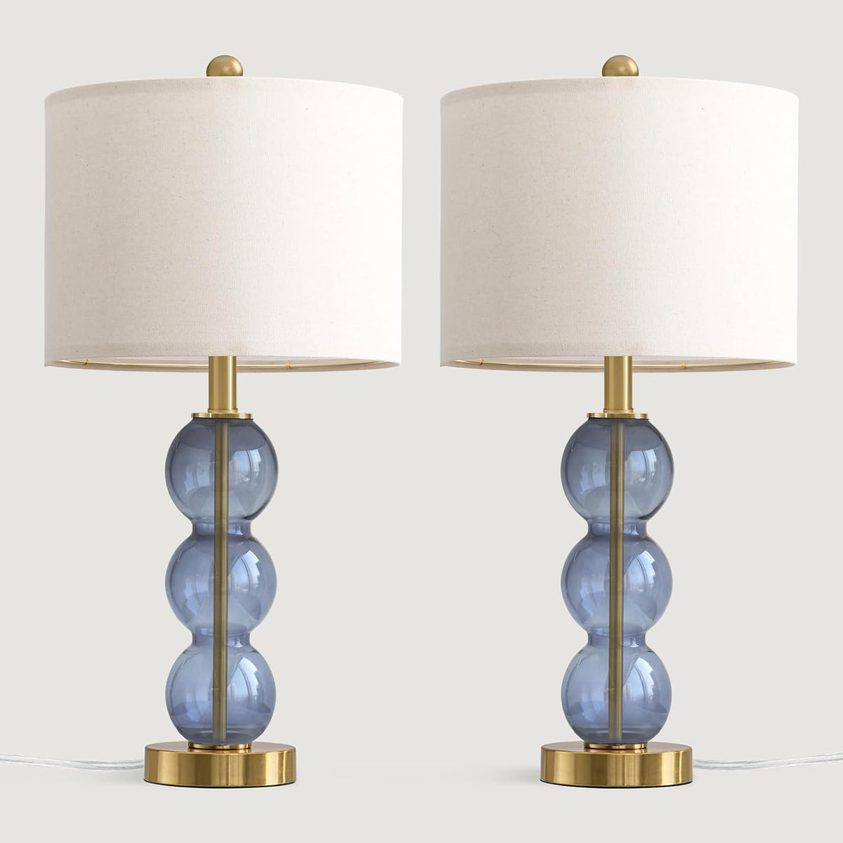 Oneach 25" Blue Table Lamps for Living Room, Glass Modern Table Lamp Set of 2, USB Charging Ports, Linen Shade, Bedside Lamps for Bedroom, Nightstand, Side Table