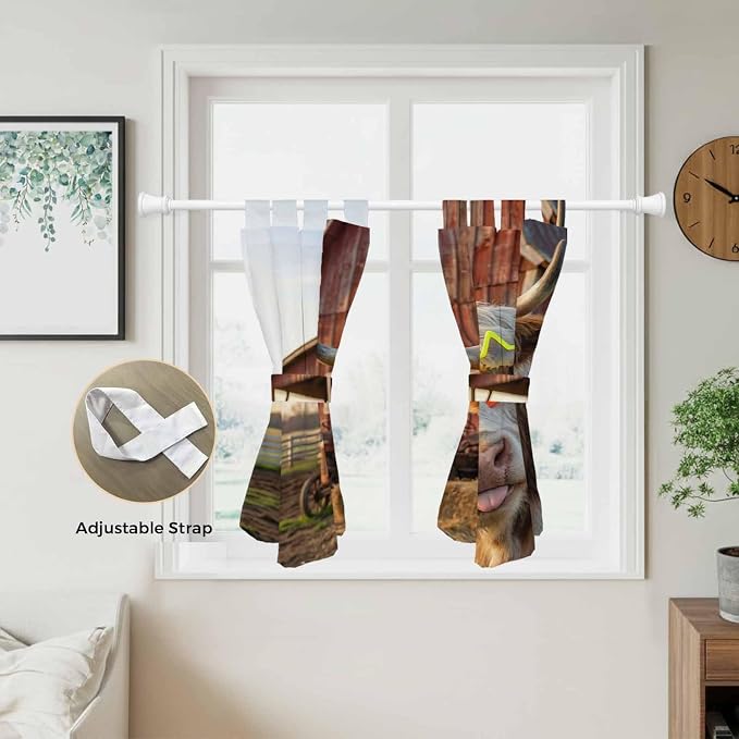 Farm Yaks Kitchen Curtains 45 Inch Length, Short Cafe Window Curtains Tab Top