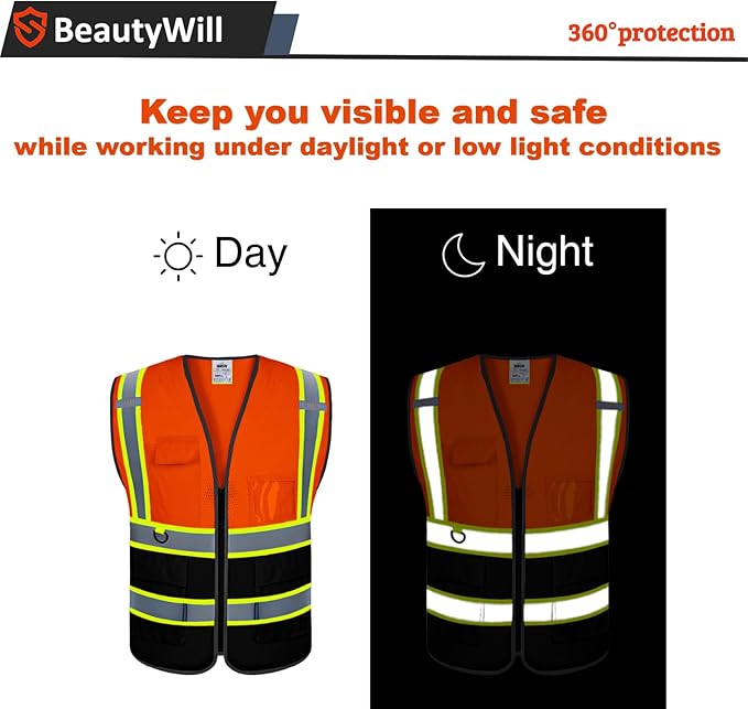 Custom Safety Vest Customized Logo Mesh Vest Class 2 High Visibility Reflective Vest with Pockets Orange Workwear（Orange Black，XL ）