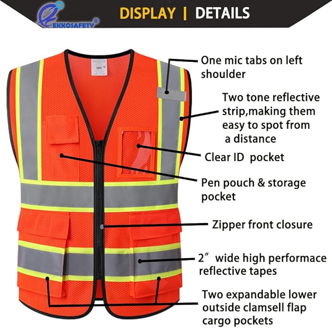 Safety Vest for Men Women Reflective with 5 Pockets and Zipper Front Mesh High Visibility Vest Hi Vis Construction Work Vest,Meets ANSI/ISEA Standards(EK175-Orange-L)