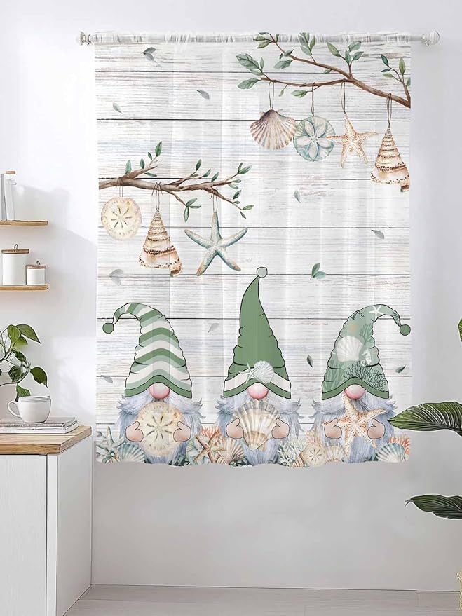 Sheer Curtains 63 Inch Length, Sage Green Gnomes Semi Sheer Curtains Light