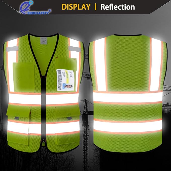 Reflective Safety Vest for Men Women with 9 Pockets and Zipper Front Class 2 High Visibility Mesh Work Vest Hi Vis Construction Vest,Meets ANSI/ISEA Standards(EK176-Yellow-XL)