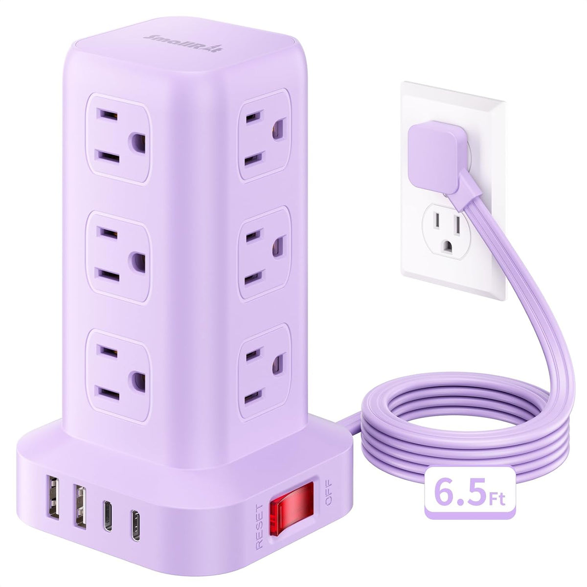 Extension Cord with Multiple Outlets, SMALLRT Power Strip Tower, Outlet Extender with 12 AC Outlets 4 USB, 6.5FT Extension Cord for Home Dorm Room, Office Supplies, Purple