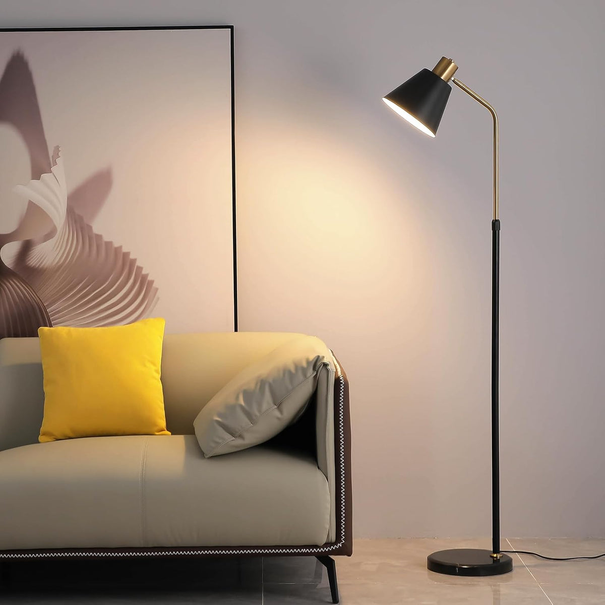 Bright Dimmable Black Gold Reading Floor Lamp, Adjustable Angle and Height