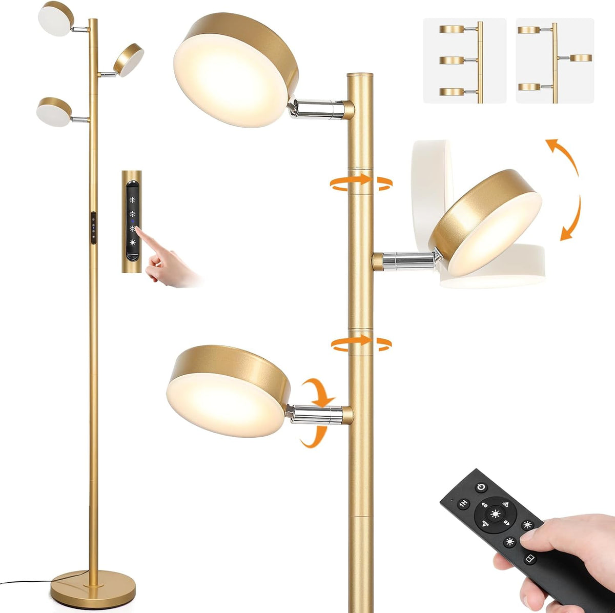 JUNNAI Gold Floor Lamp for Living Room with Remote Modern Tall Standing Lamp Dimmable LED Brass Tree Floor Lamps with 3 Adjustable Heads Touch Control 4 Color Temperatures for Bedroom Office Reading
