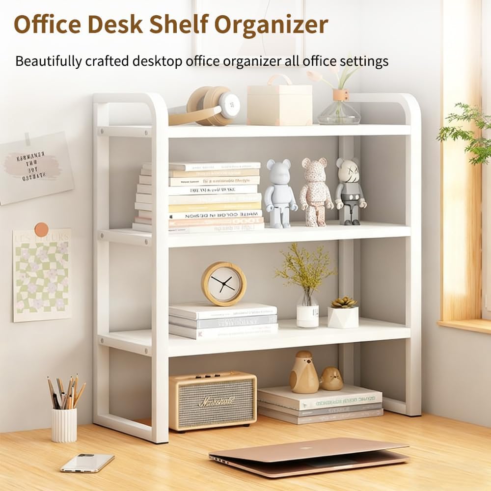 Office Desk Shelf Organizer, Wood Desktop Bookshelf Supplies Storage Rack, Shelf for Top of Desk and Dresser and Cubicle Decor Aesthetic Bookshelf (White Wood, three Tier 19.69 Lx7.87 Wx22.05 H)