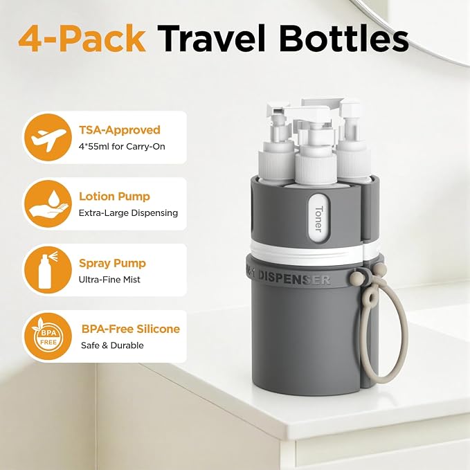 4 in 1 Travel Dispenser Bottle, Travel Toiletry Bottles