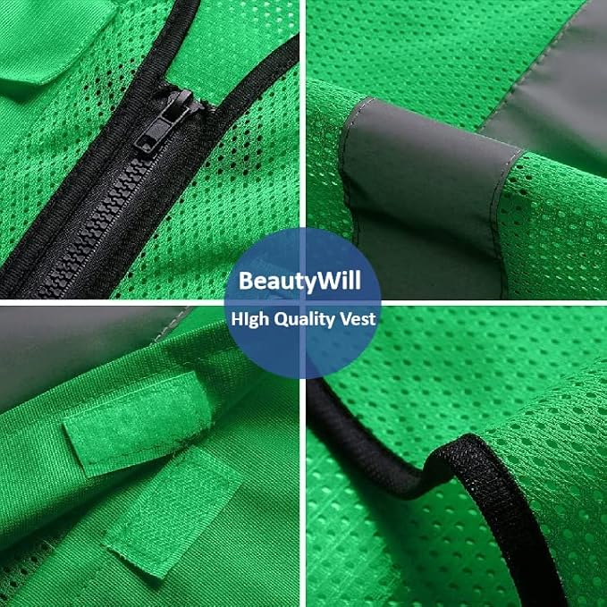 10 Pack Mesh Safety Vest Custom Logo High Visibility Reflective Vest with Pockets Security Work Vest（Green，S）