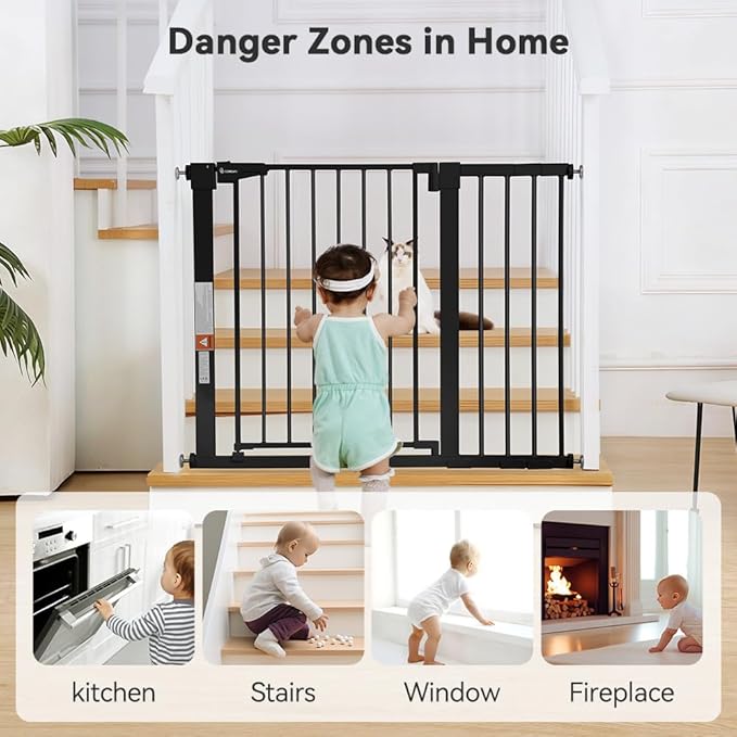 COMOMY 30" Tall Baby Gate for Stairs Doorways, Fits Openings 29.5" to 43.3" Wide, Auto Close Extra Wide Dog Gate for House, Pressure Mounted Easy Walk Through Pet Gate with Door, Black