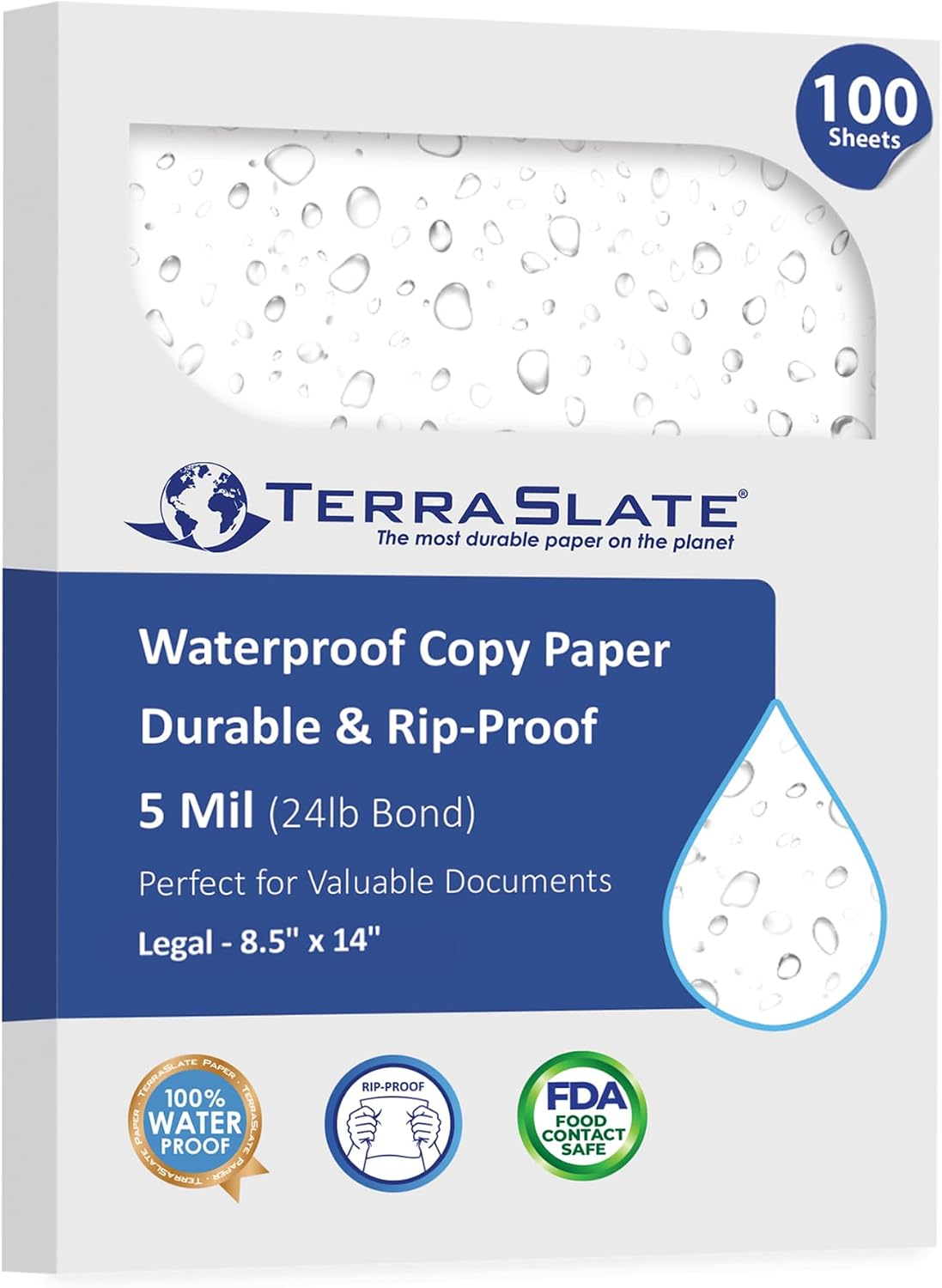 TerraSlate Waterproof Rip-Proof Paper, 5 Mil 8.5" x 14", Legal Size, White,100 Sheets I Rain/Weather/Rip-Proof Printing, Laser Printer and Laser Copier Compatible