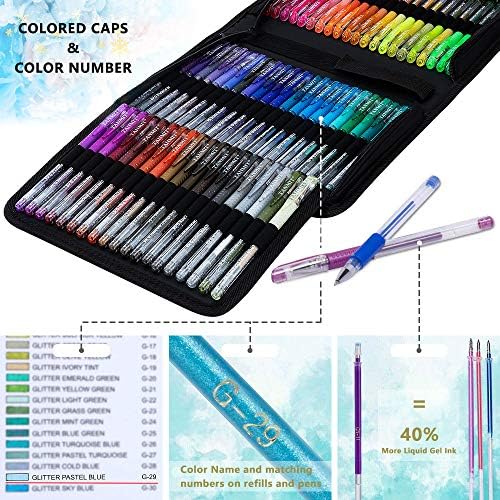 TANMIT Glitter Gel Pens, 640 Pack Glitter Pen with Case for Adults Coloring Books, Artist Colored Gel Markers with 40% More Ink for Drawing Scraobooking Writing Doodling