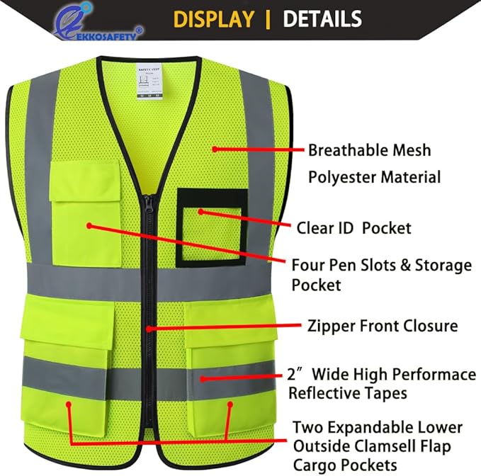 Hi Vis Reflective Safety Vest for Men Women Mesh Class 2 High Visibility Vest with Pockets,Meets ANSI/ISEA Standards(EK170-Mesh-Yellow-XL)